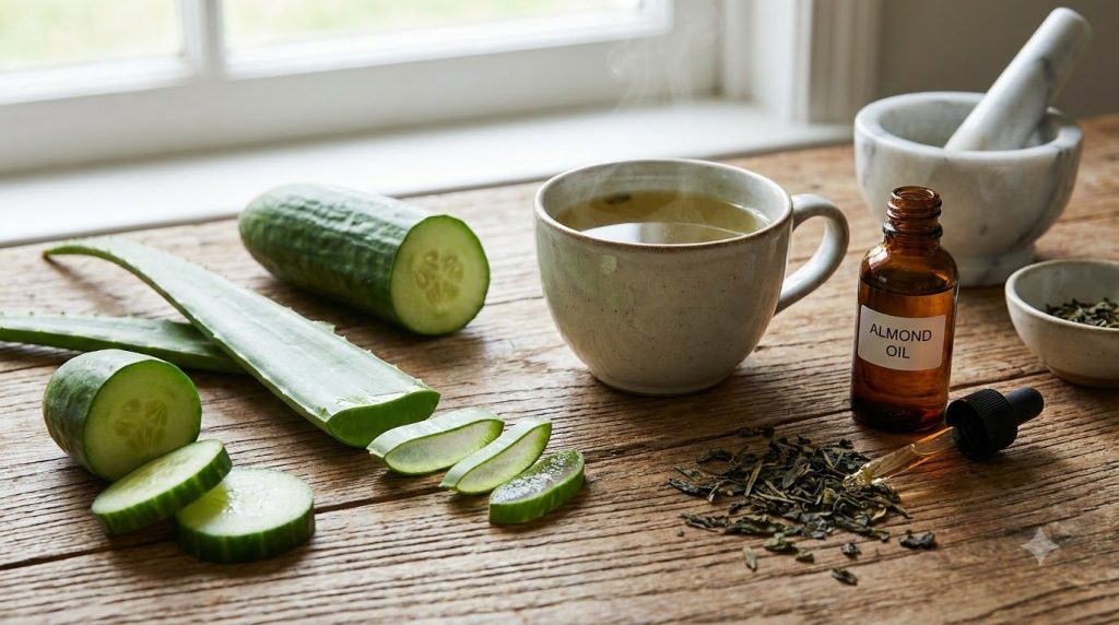 Ingredients for an under-eye gel a fresh aloe vera leaf sliced cucumber a cup of green tea and a small bottle of almond 