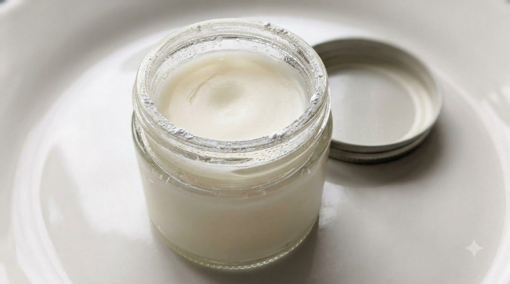 A close-up of a small clear glass jar containing the finished mixture of baby powder and Vaseline with a smooth creamy t