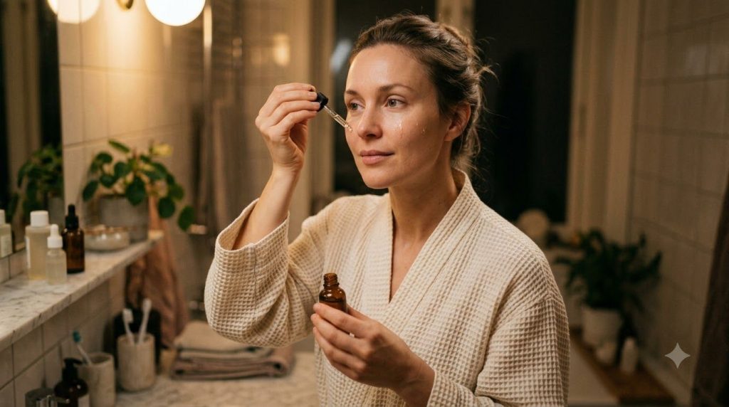 A woman applying a small amount of oil serum to her face at night looking calm and relaxed
