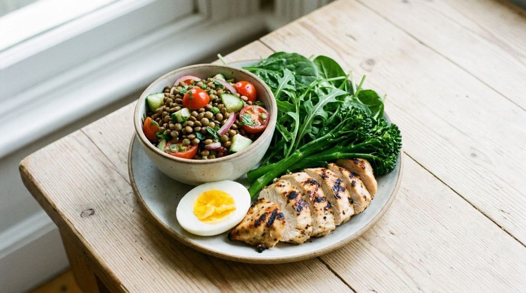 A vibrant balanced meal featuring all three protein sources a small bowl of lentil salad a hard-boiled egg cut in half a
