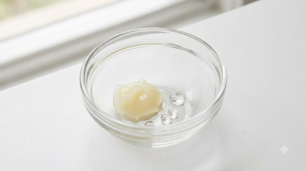 Close-up of a small dish containing a scoop of Vaseline and a few drops of baby oil ready to be mixed