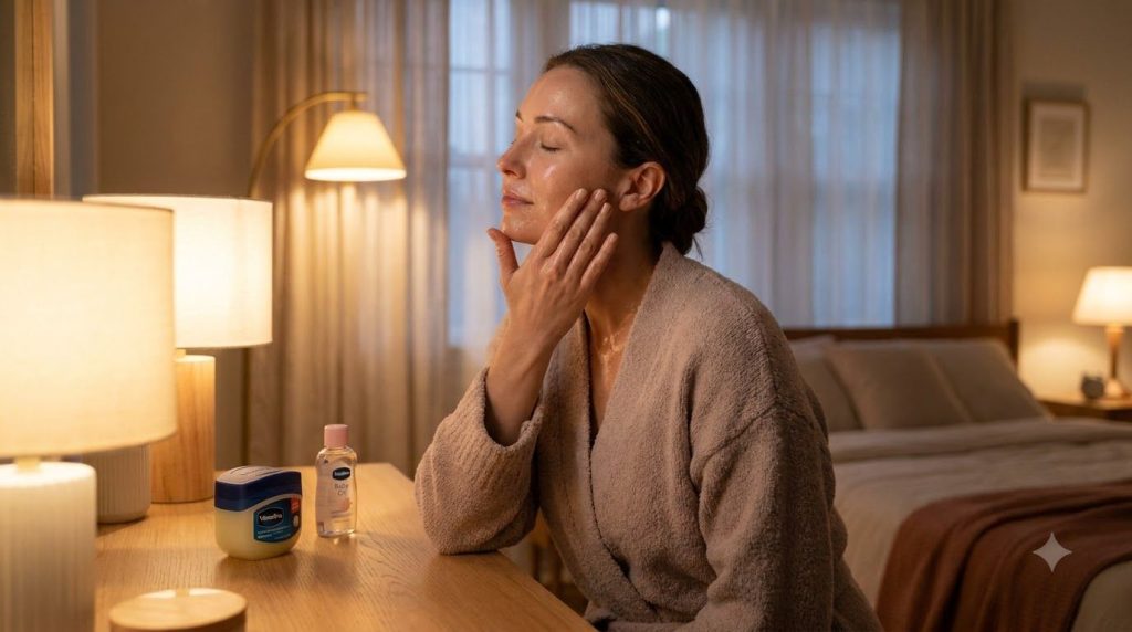 A woman gently massaging the Vaseline and baby oil blend onto her face at night with a soft glow