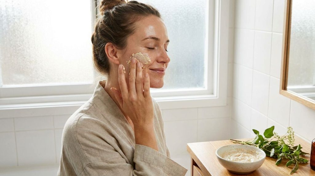 A woman gently applying a homemade face mask to her clean face with a soft glowing complexion in a bright natural light 