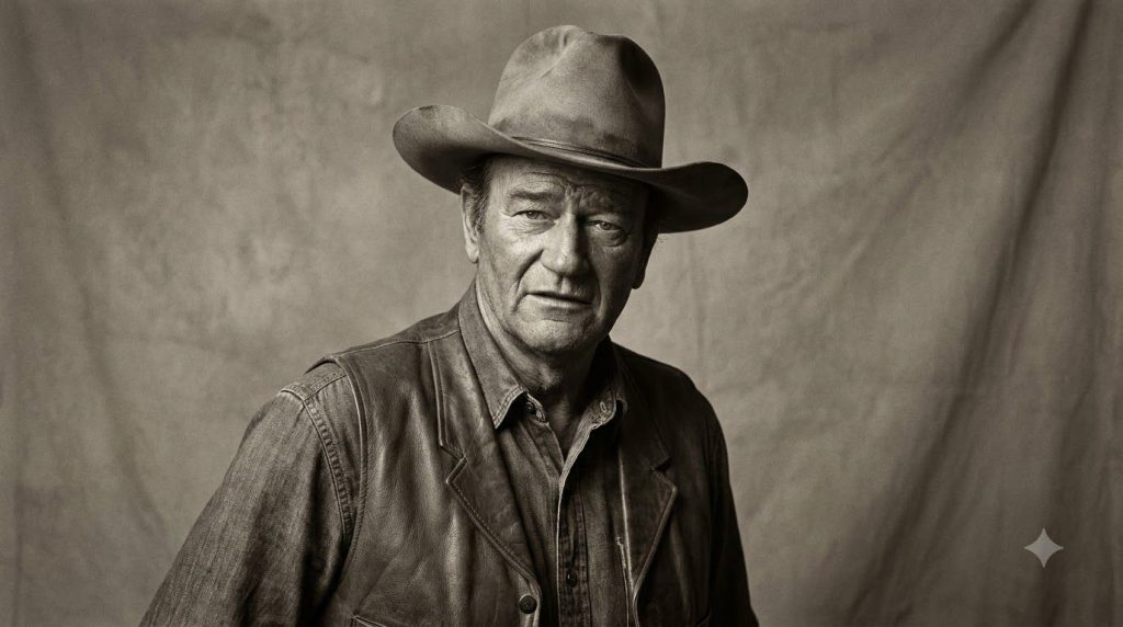 A real publicity photo of John Wayne in his iconic cowboy hat looking rugged and determined from the mid-20th century