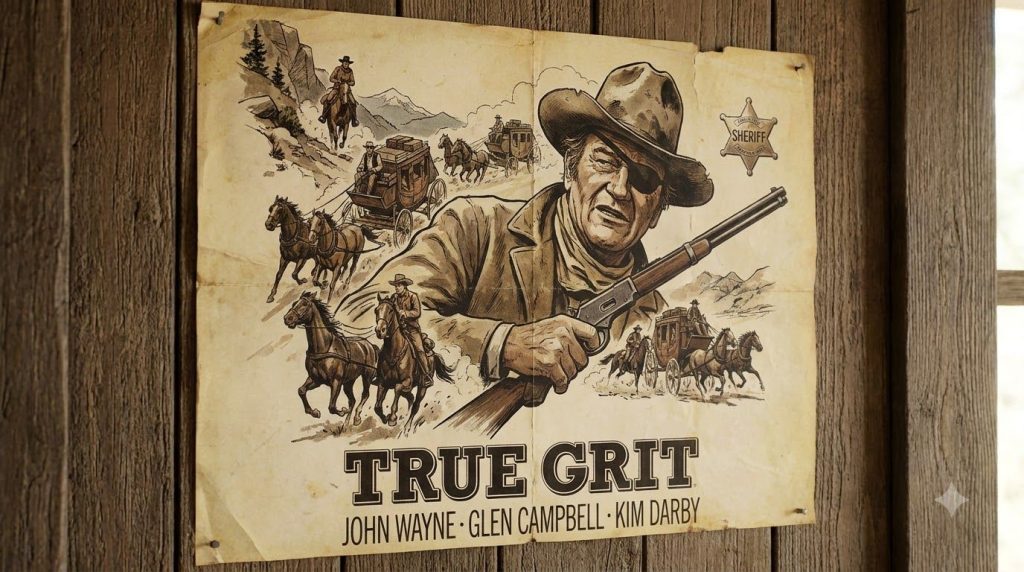 A real movie poster for the film True Grit starring John Wayne featuring him in his Rooster Cogburn costume
