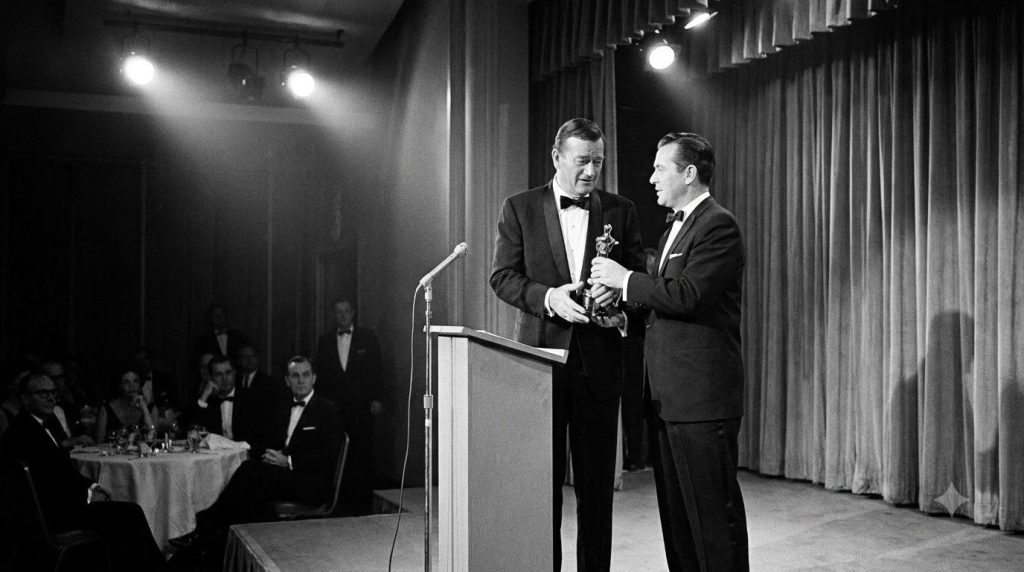 A black and white archival photo of John Wayne receiving an award possibly an Oscar in a formal setting