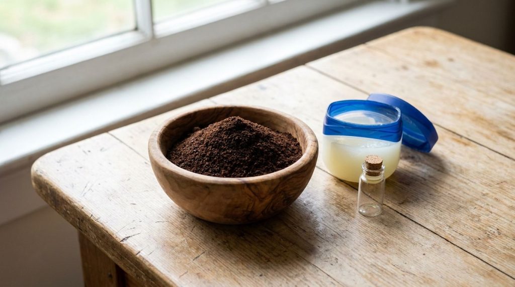 Ingredients for homemade coffee and Vaseline under-eye cream a small bowl of coffee grounds a jar of Vaseline and a tiny