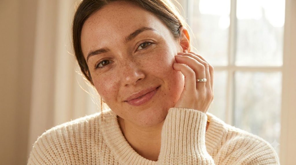 A woman with glowing clear skin gently touching her cheek smiling slightly in soft natural light symbolizing the results