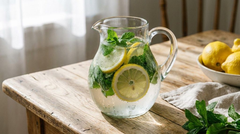 A clear glass pitcher filled with water sliced lemons and fresh mint leaves sitting on a light-colored wooden table with