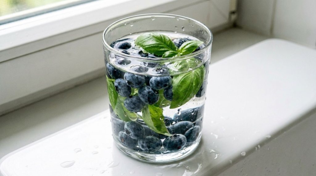 A glass of water infused with blueberries and basil leaves with fresh berries scattered around the glass