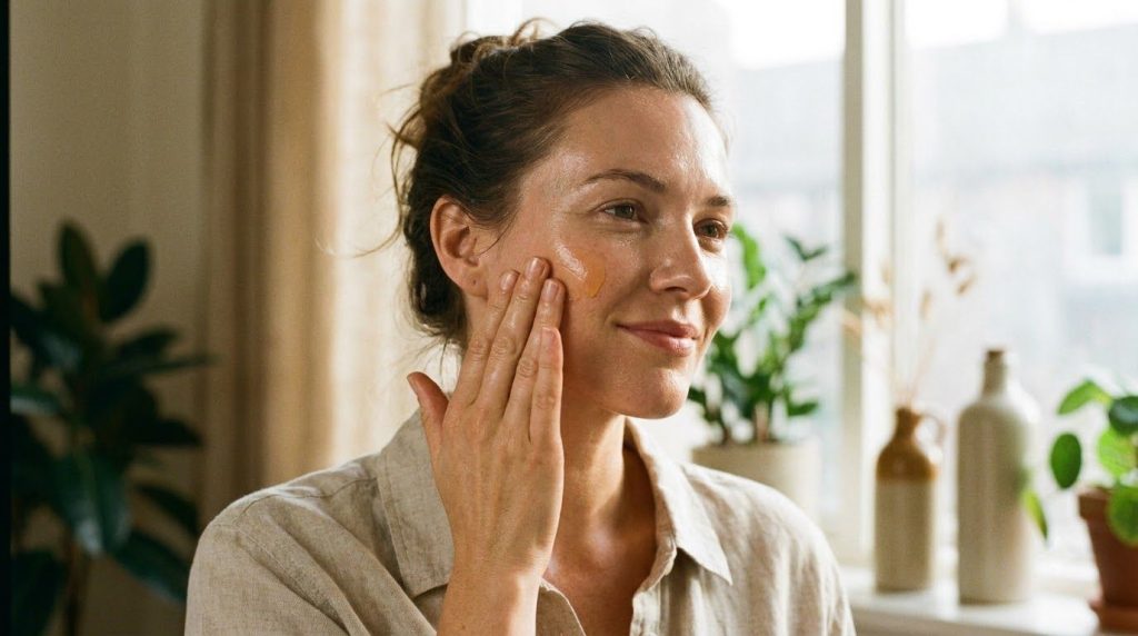 A woman gently applying a golden-hued natural elixir to her clean face using her fingertips with a soft glow on her skin