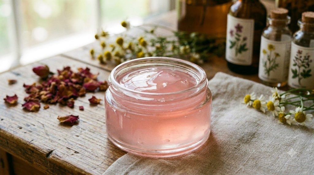 A small clear jar filled with a glossy light pink gel possibly garnished with a single pink rose petal against a soft bl