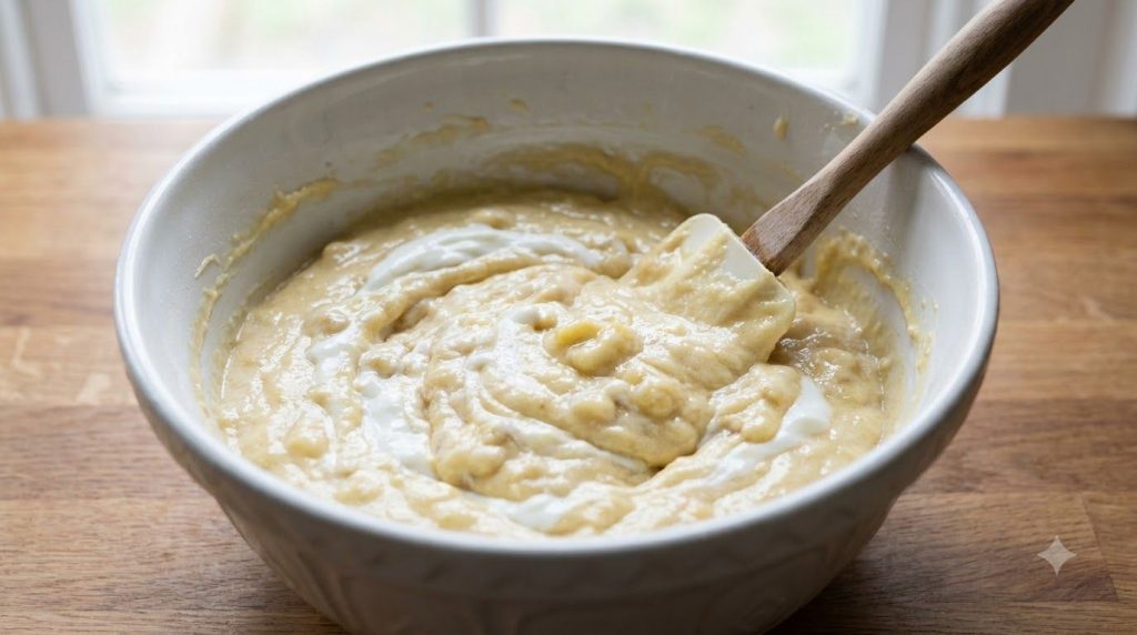 Cake batter with mashed bananas and yogurt being gently folded with a spatula in a mixing bowl showing the creamy textur