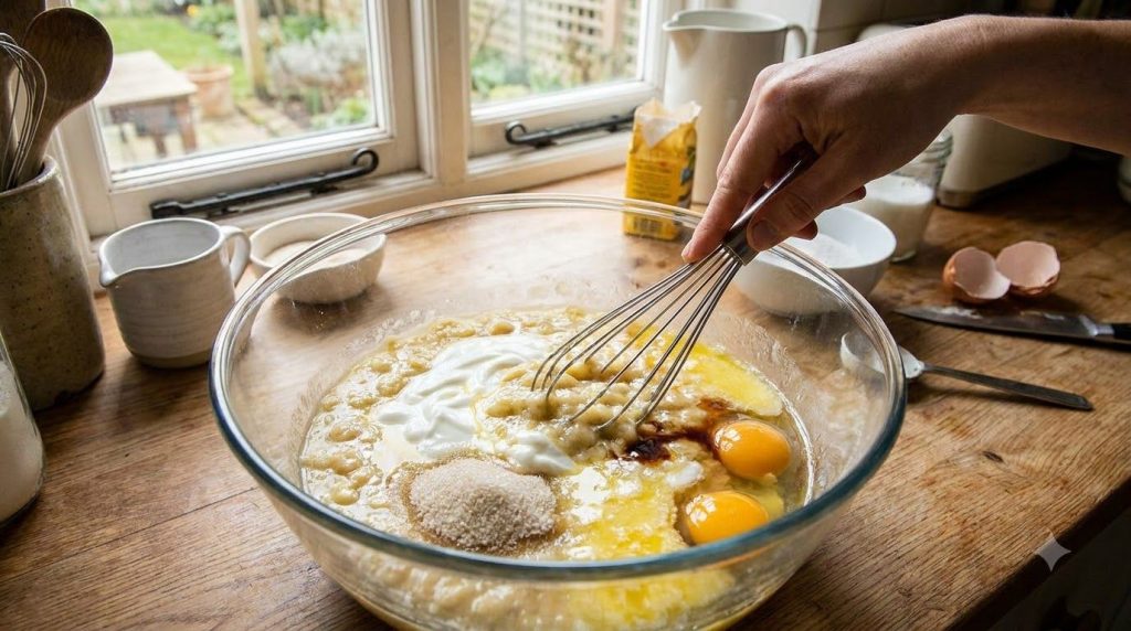 A large bowl with mashed bananas yogurt sugar melted butter eggs and vanilla extract being whisked together