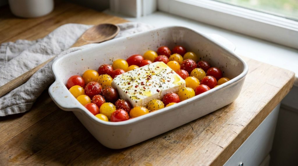 A close-up of a baking dish with a block of feta cheese in the center surrounded by cherry tomatoes drizzled with olive 