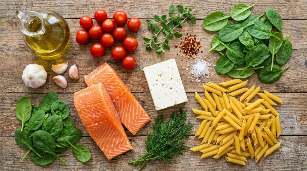 A flat lay of fresh ingredients for baked feta and salmon pasta salmon fillets block of feta cherry tomatoes fresh spina