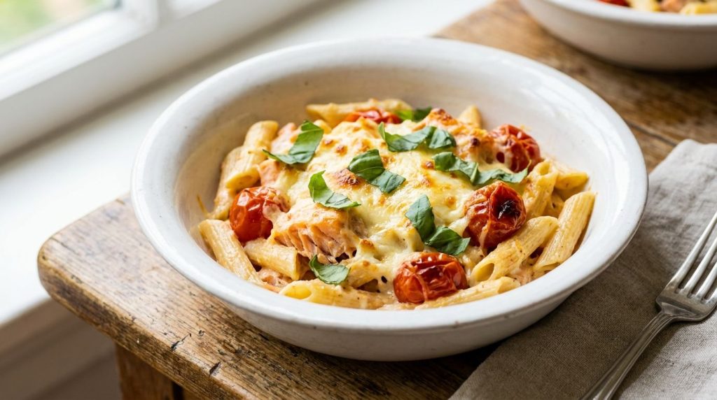 A single serving of baked feta and salmon pasta in a white bowl garnished with fresh basil ready to be eaten