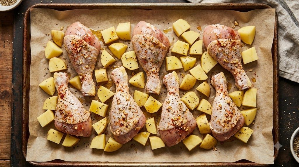 Uncooked chicken drumsticks and chopped potatoes coated in seasoning spread out on a parchment-lined baking sheet ready 