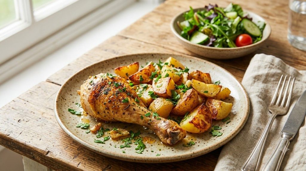 A serving of the baked chicken and potato dinner on a plate garnished with fresh parsley with a small side salad in the 