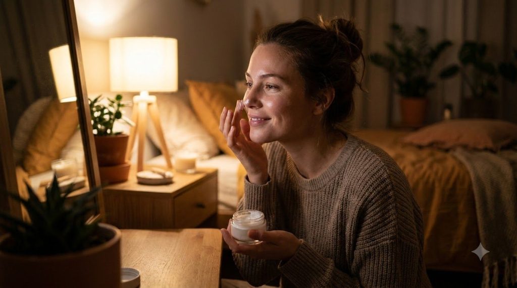 A woman with glowing clear skin gently applying a cream to her face at night