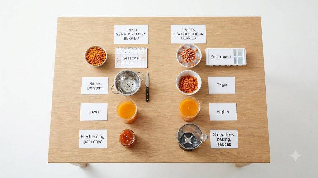 A comparison table illustrating the differences and best uses for fresh vs frozen sea buckthorn berries in syrup making