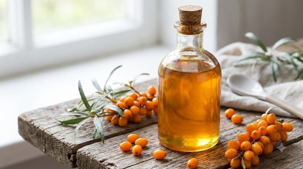 A close-up of a glass bottle filled with golden sea buckthorn syrup with fresh sea buckthorn berries scattered around it