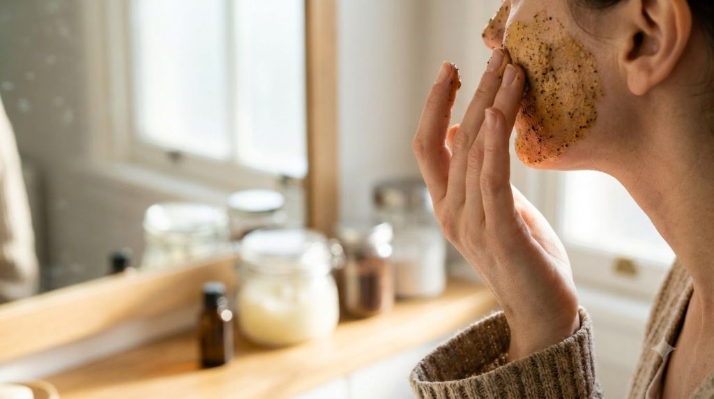 A woman s hand gently applying a homemade coffee egg and Vaseline mask to her cheek demonstrating the application proces