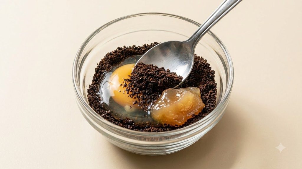 A close-up of coffee grounds raw egg and petroleum jelly being mixed together in a small glass bowl to form a paste