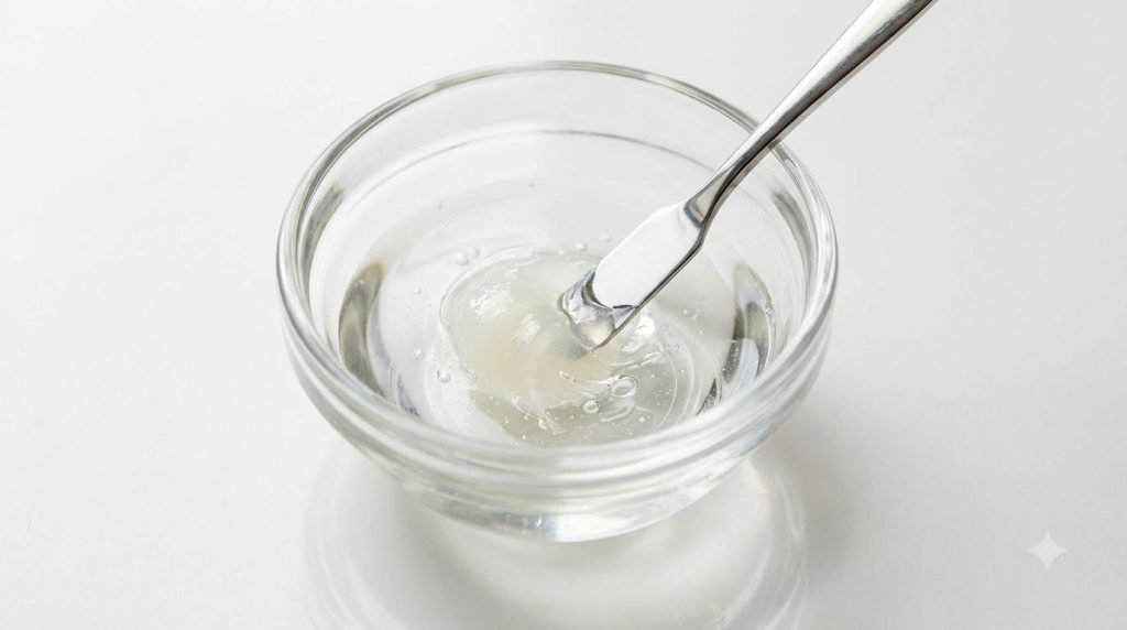 A small glass bowl with Vaseline and baby oil being mixed with a tiny spatula illustrating the preparation of the remedy