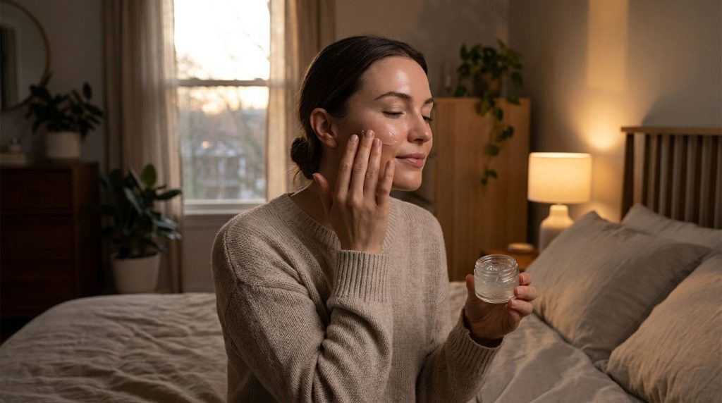 A woman gently massaging a small amount of the Vaseline and baby oil mixture onto her cheek during her nightly routine s