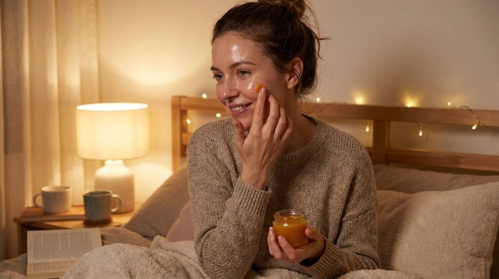 A woman gently applying a small amount of a homemade Vaseline blend to her face at night showing a radiant hydrated look