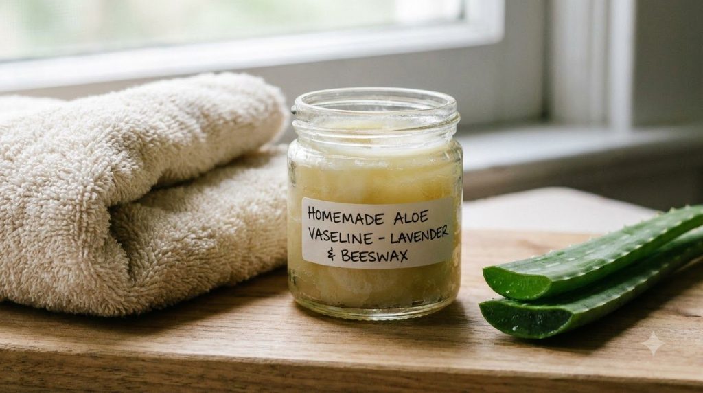 A close-up of a small glass jar of a homemade Vaseline blend sitting next to a soft clean towel and a fresh aloe vera le