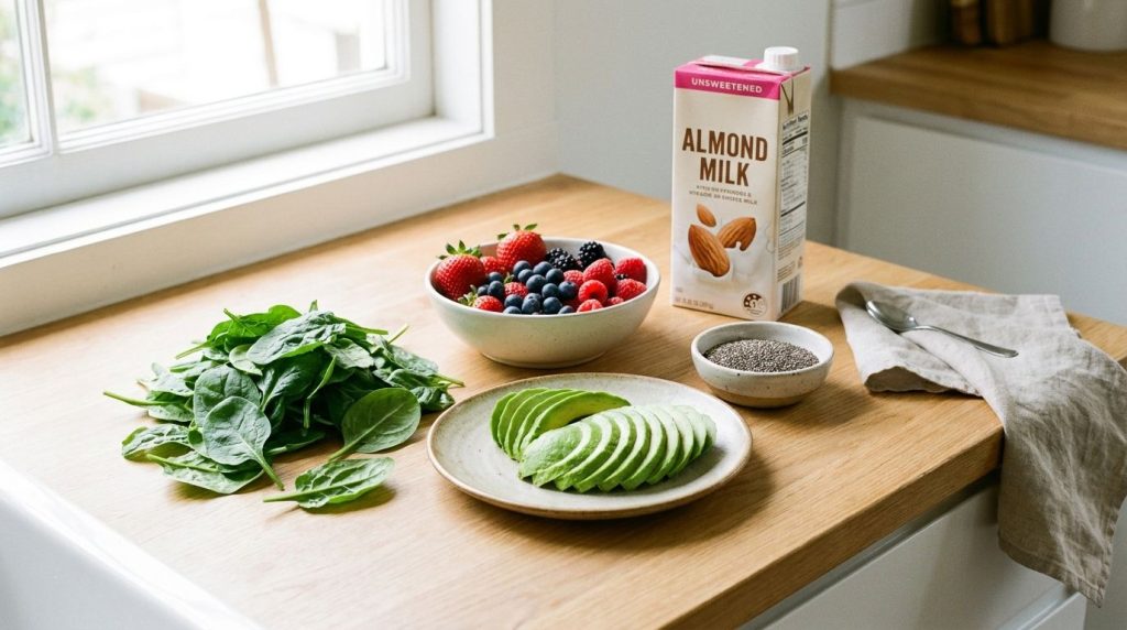 Various smoothie ingredients for hair health laid out on a kitchen counter spinach avocado berries chia seeds and almond