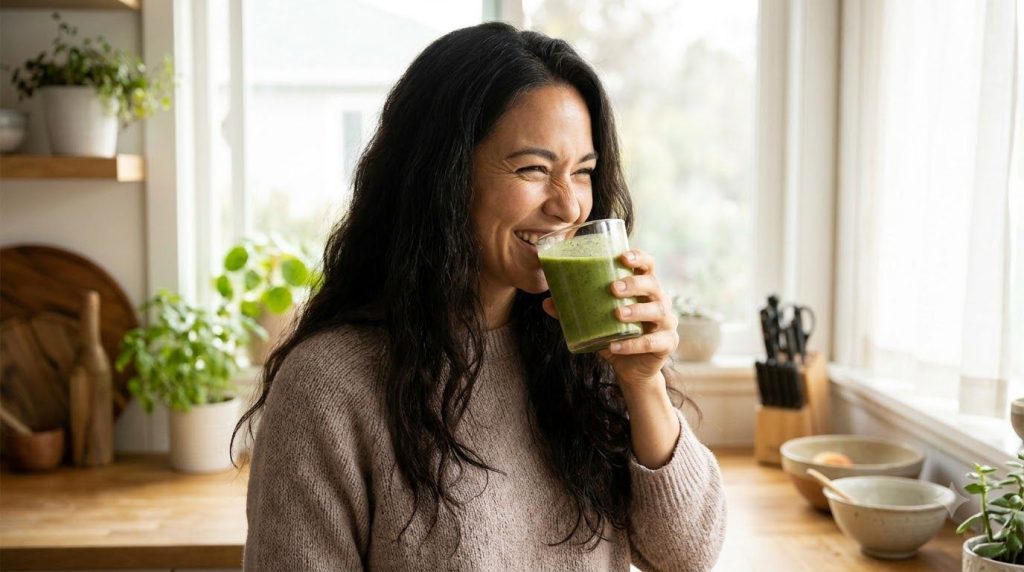 A woman happily drinking a green smoothie with her long shiny hair visible suggesting the positive effects of internal n
