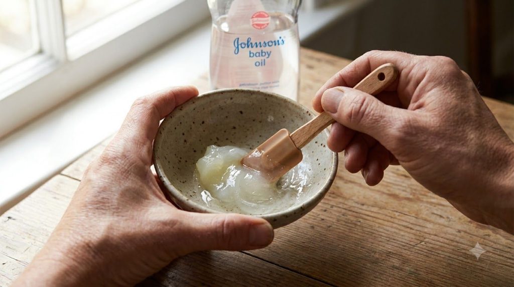 Hands mixing Vaseline and Johnson s Baby Oil in a small bowl with a mini spatula creating a smooth translucent gel