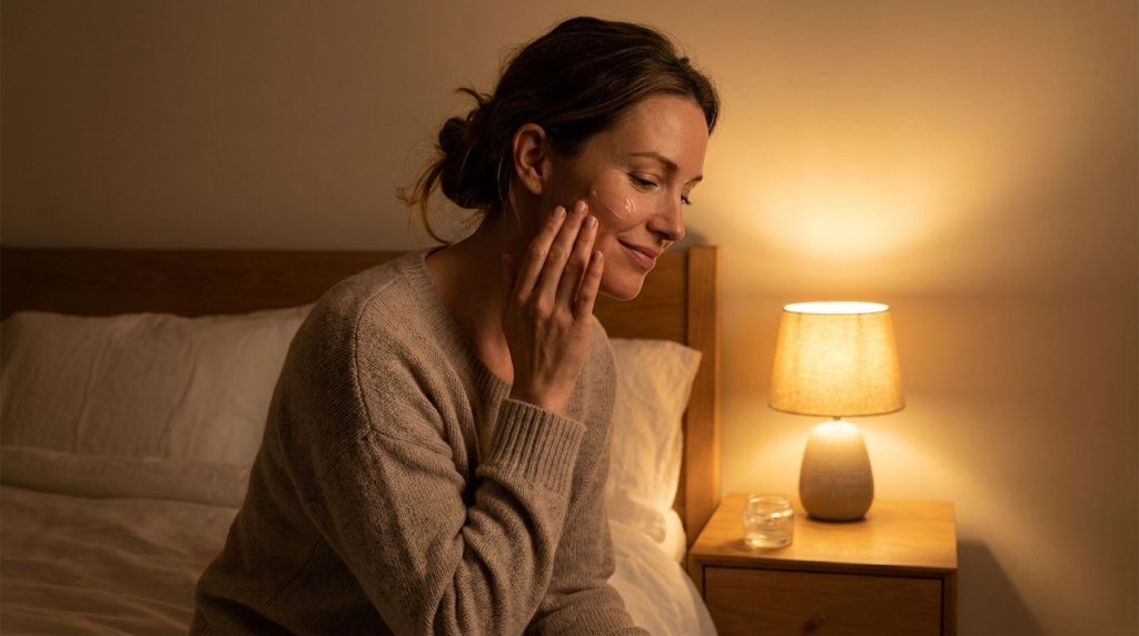 A woman gently applying the Night Glow Gel to her face before bed showing a hydrated and calm expression with soft warm 