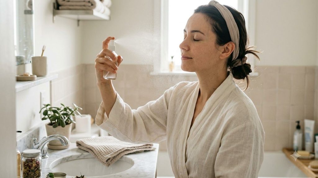 A woman gently spraying a homemade toner onto her clean face with a soft natural expression in a bright bathroom setting