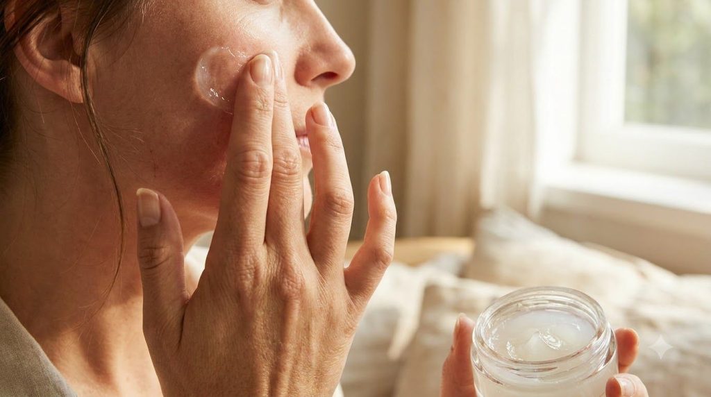 A close-up shot of hands gently applying a thin layer of a homemade balm to clean skin on a face focusing on the cheekbo