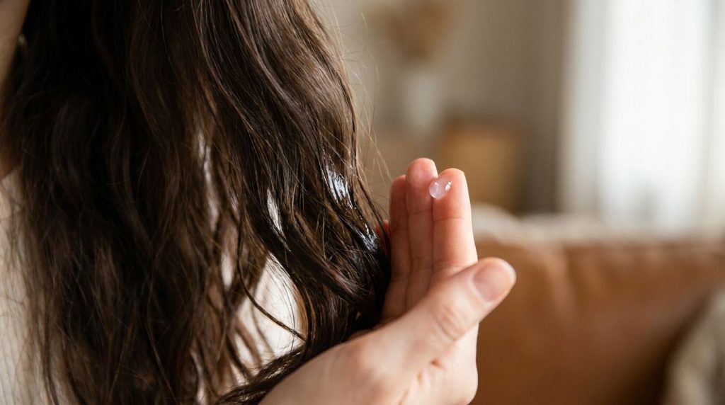 A close-up of a hand gently applying a small amount of a glossy hair treatment to the ends of long dark hair illustratin