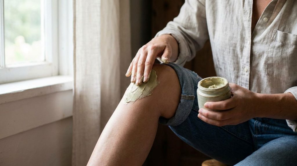 A woman gently applying the potato and aloe vera mixture to her knee showing the smooth paste on her skin