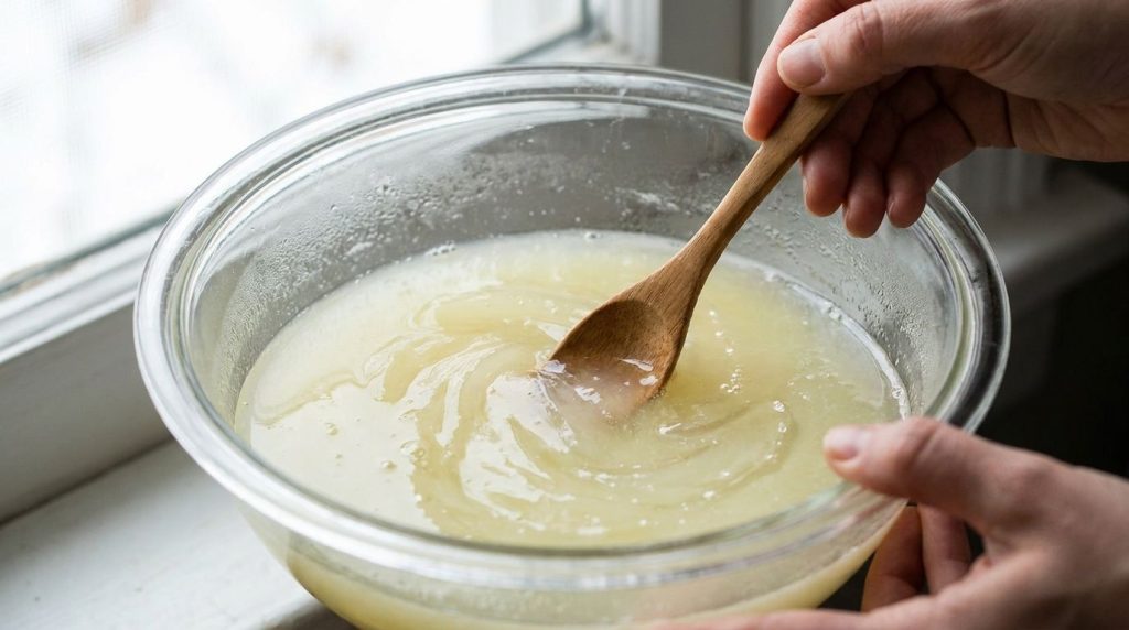 A close-up of potato juice being mixed with aloe vera gel in a small glass bowl creating a smooth paste