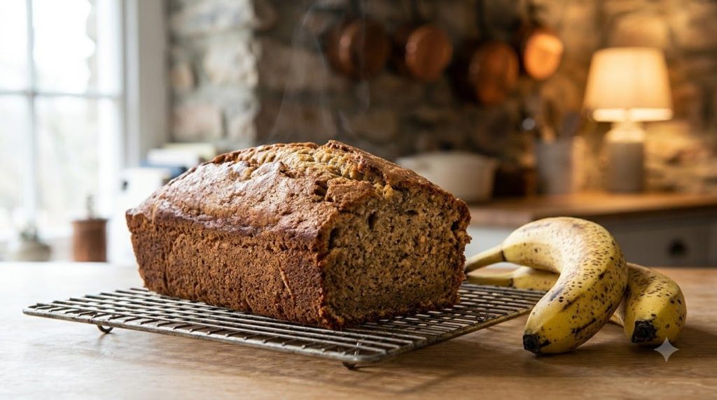 A rustic banana bread loaf golden-brown with a slightly cracked top on a cooling rack A few ripe bananas are placed next