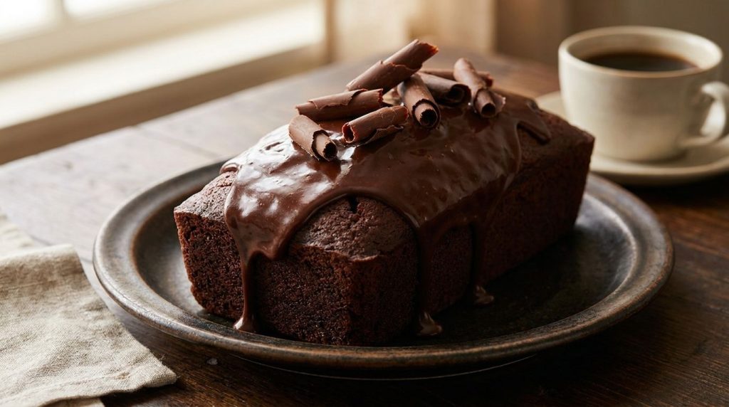 A decadent chocolate loaf cake rich brown in color with a smooth chocolate ganache drizzled generously over the top A fe