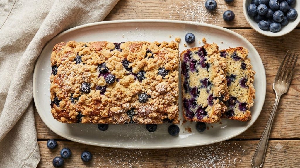 A beautiful blueberry streusel loaf cake with a golden-brown crumbly topping fresh blueberries visible within the cake a