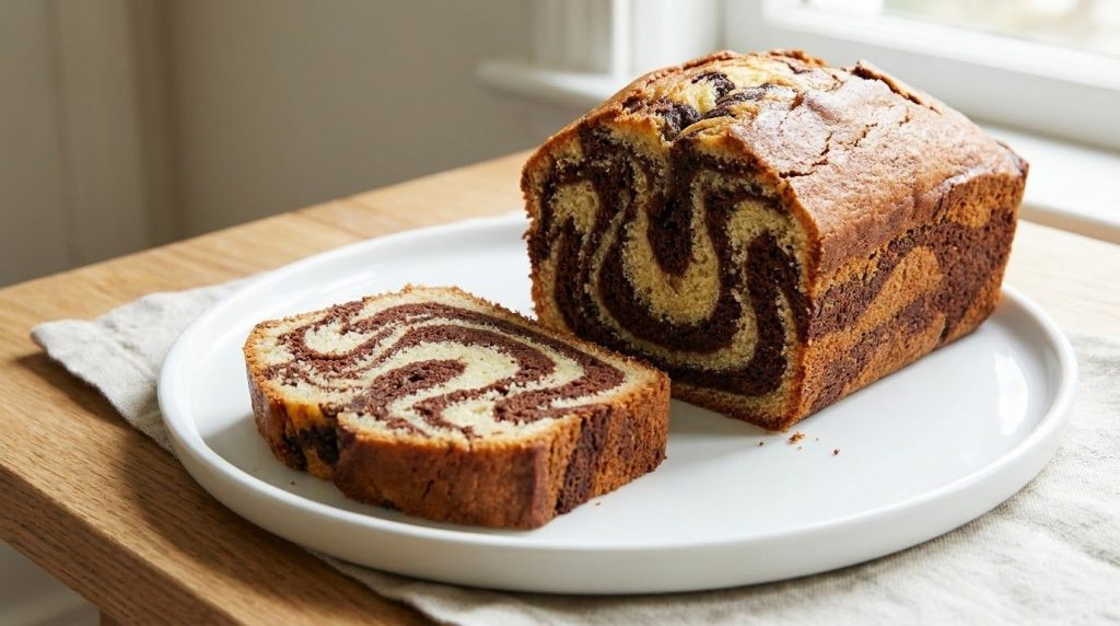 An elegant marble loaf cake showing distinct swirls of light vanilla and dark chocolate batter when sliced It s presente