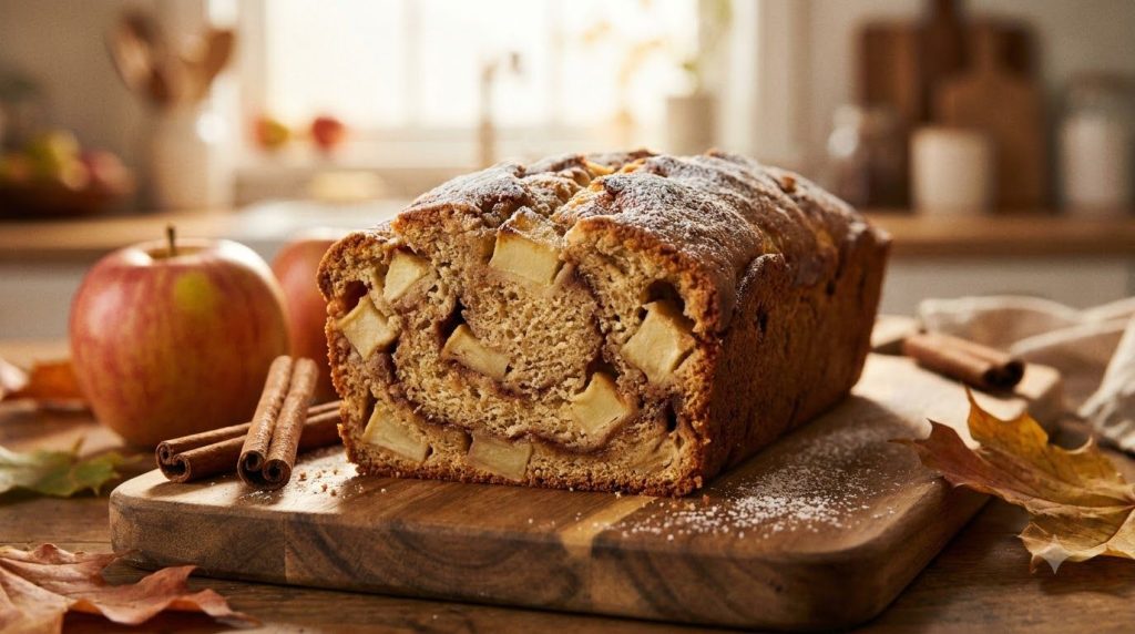 A warm and inviting spiced apple loaf cake showing chunks of apple and a hint of cinnamon It s dusted lightly with powde