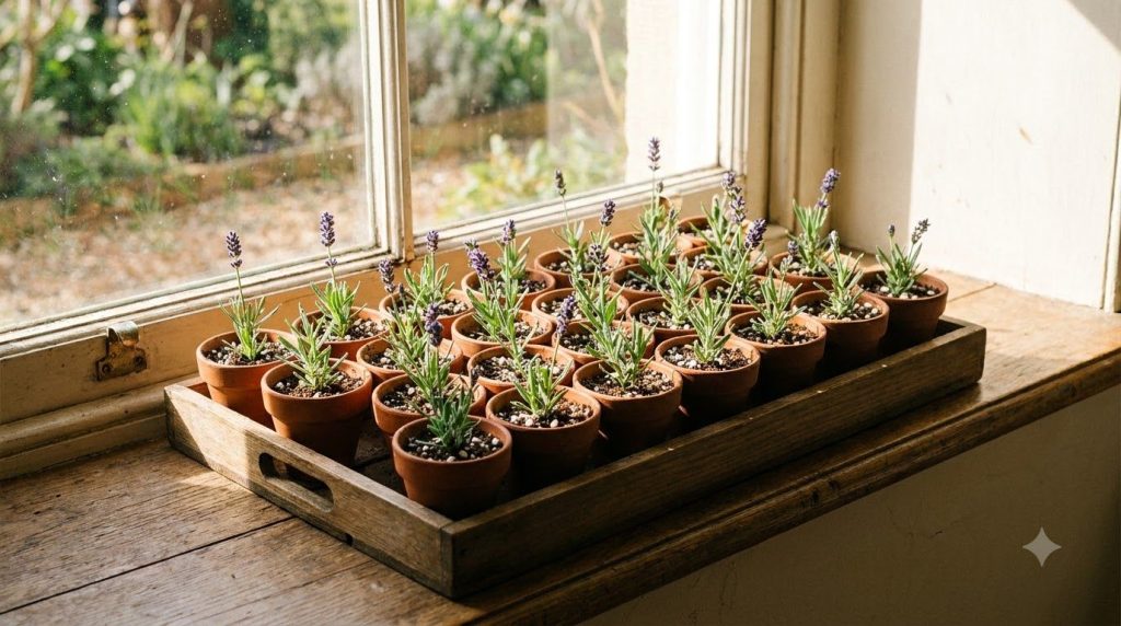 A tray of several lavender cuttings each planted in its own small pot with well-draining soil placed on a bright windows
