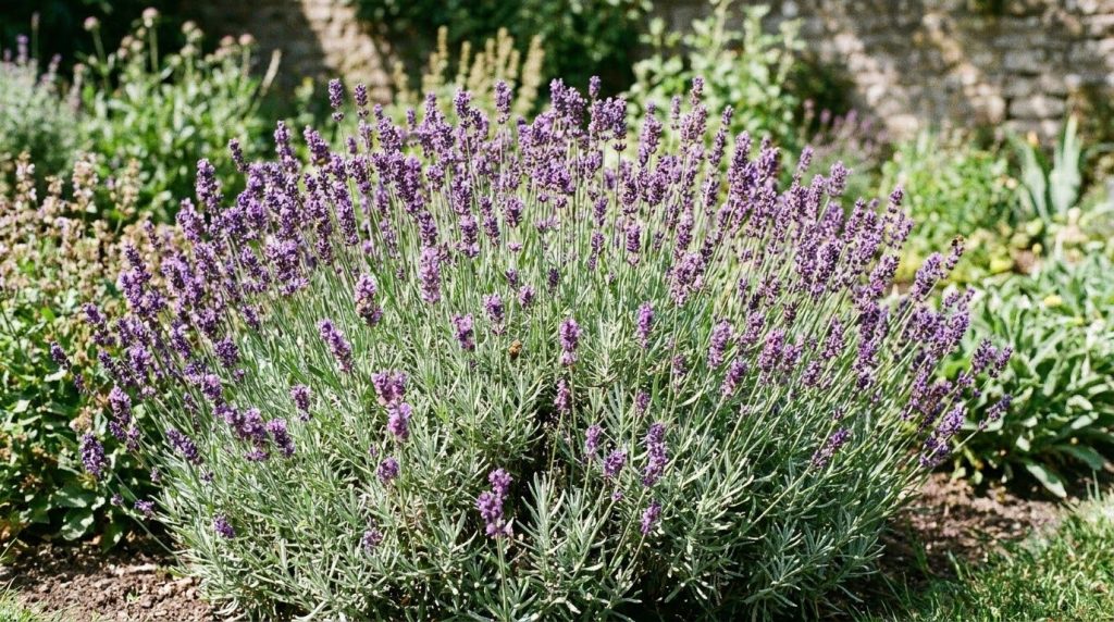 A beautiful healthy lavender plant newly established in a garden bed with vibrant purple blooms