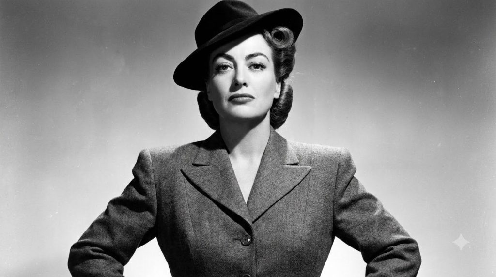 A publicity photo of Joan Crawford showcasing her iconic fashion style possibly with broad shoulders