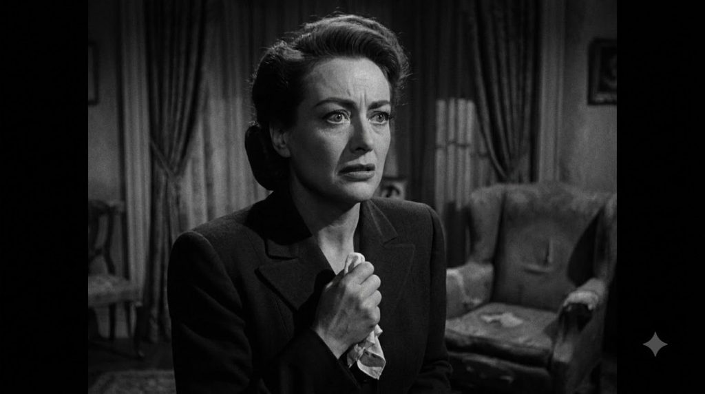 A black and white still from a classic Joan Crawford film showing her in a dramatic scene